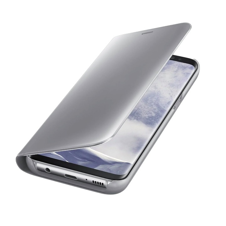 Husa de protectie flip cover, Clear View compatibil cu Samsung Galaxy S10+, functie stand, culoare silver