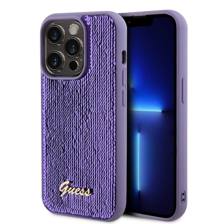 Калъф с лого Guess Sequin Script за iPhone 14 Pro Max лилав