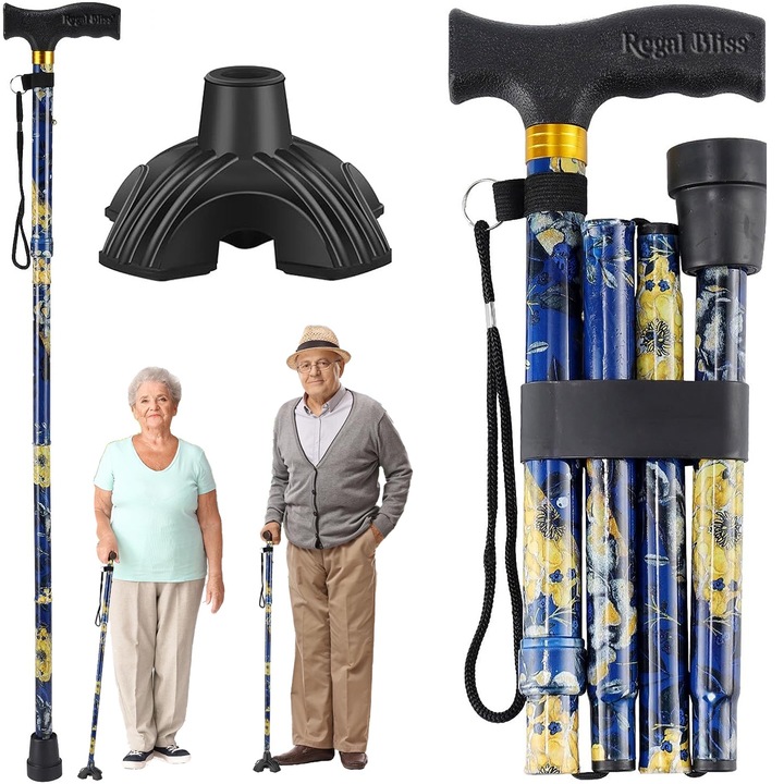 Baston ortopedic de sprijin pliabil Regal Bliss ® usor reglabil, potrivit pentru ambele maini, din aluminiu rezistent, ofera stabilitate si sustinere pana la 113 kg, Imprimeu cu flori