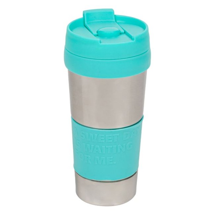 Pahar de cafea, din metal, cu capac si suport de silicon bleu, 450ml