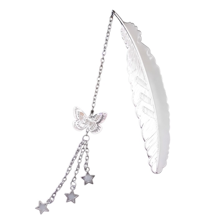 Semn de carte din metal, Nozibye®, pene, fluturi, stele, argintiu placat cu lumina, argintiu
