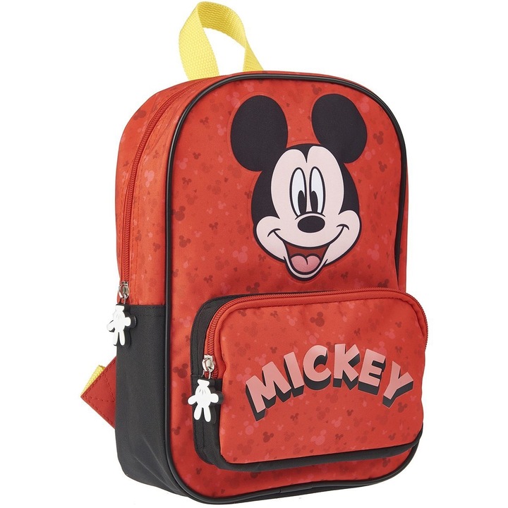 Ghiozdan gradinita Mickey Mouse cu buzunarel frontal, rosu - negru, 20 x 27 x 9 cm