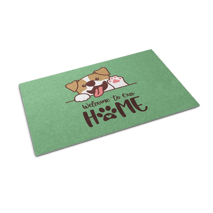 Bejárati szőnyeg, Tulup, üdv otthon kutya, Zöld, 60 cm x 40 cm, 0000088121
