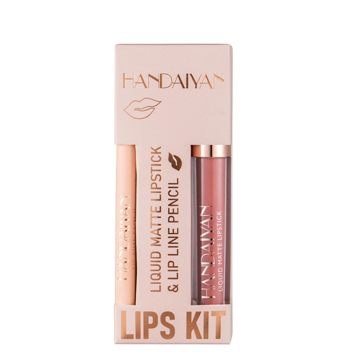 Set 2 in 1 Ruj Lichid Mat / Creion Contur Buze Lips Kit, Handaiyan, Rezistent la apa, Rezistent la transfer, 07