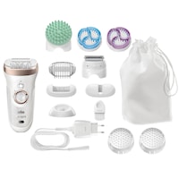 Epilator Braun SE9-961V Wet&Dry SkinSpa Legs&Body, 40 de pensete, acumulator, 12 accesorii, Alb/Auriu