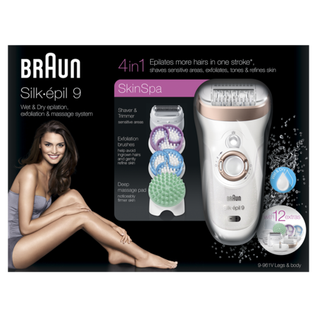 Epilator Braun SE9-961V Wet&Dry SkinSpa Legs&Body, 40 de pensete, acumulator, 12 accesorii, Alb/Auriu