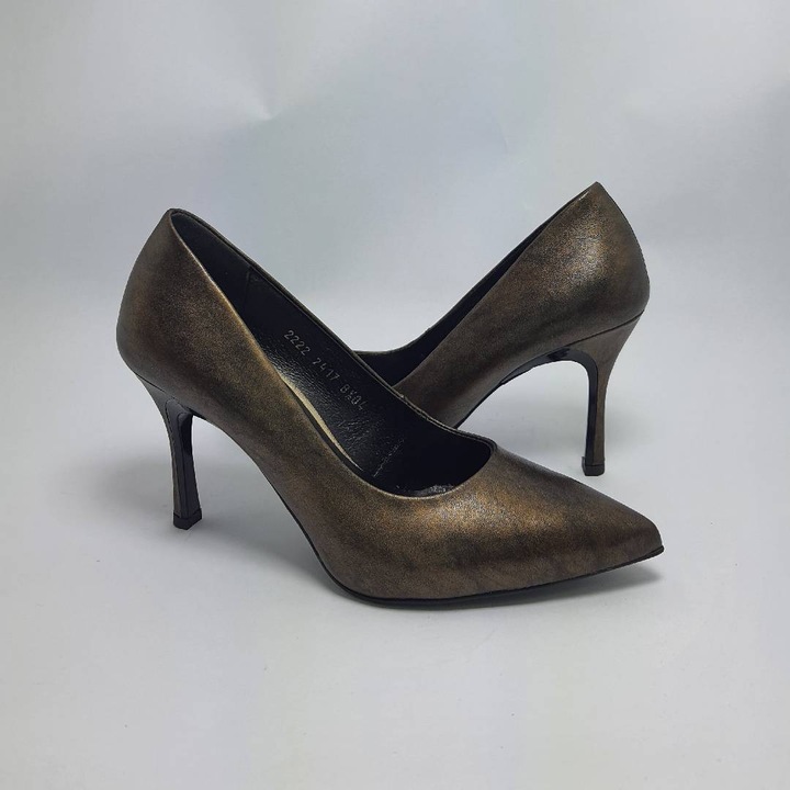 Pantofi cu toc pentru femei, Higo, Piele naturala, Maro metalizat, 40 EU