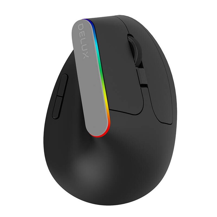 Mouse wireless Delux M618C, Vertical, 2.4G, 1600 DPI, RGB, Negru