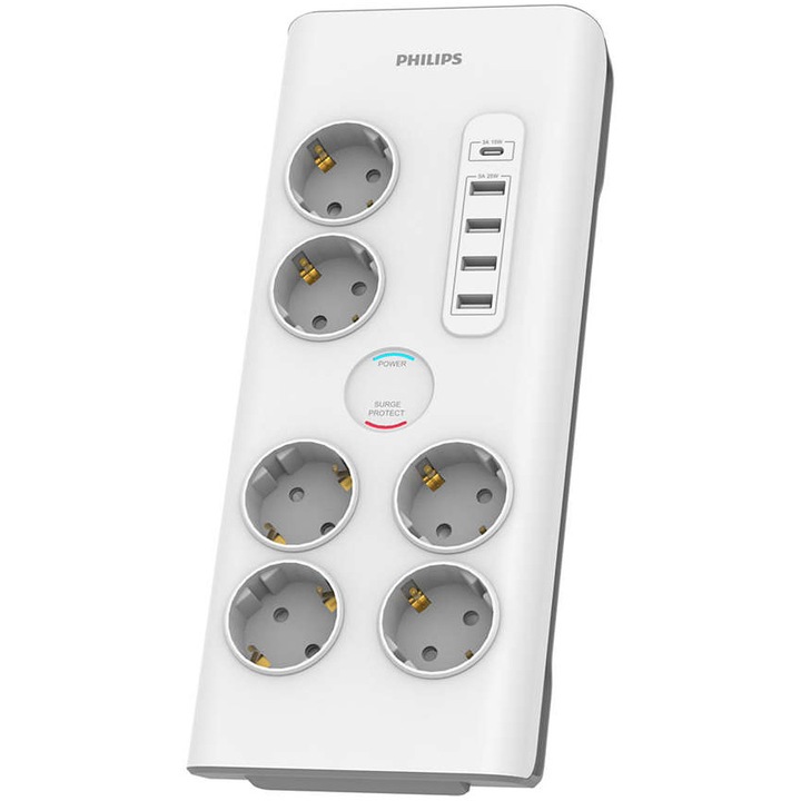 Разклонител Philips SPN7060WA/58, Защита от деца, Защита от пренапрежение, 6 гнезда, 1xUSB-C 3A 15W, 4xUSB-A, 16A, 900J, 2 м, Бял