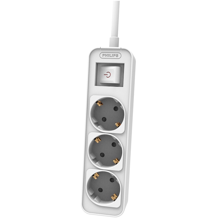 Prelungitor Philips CHP2134W/58, cu intrerupator, protectie copii, 3 prize, 1.5 m, Alb