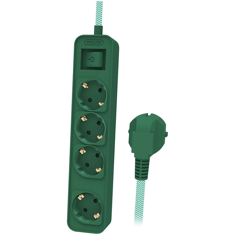 Prelungitor Philips CHP2147G/58, cu intrerupator, indicator de alimentare cu LED, protectie copii, 4 prize, 1.5 m, Verde