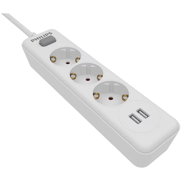 Prelungitor Philips SPN3032WA/58, cu intrerupator, protectie copii, 3 prize, xUSB-A, 2 m, Alb
