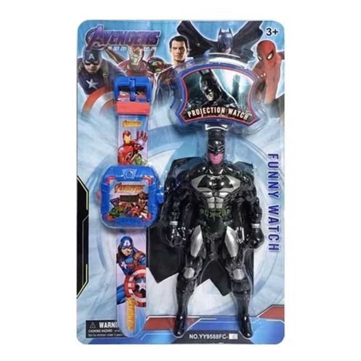Set ceas copii cu proiector, electronic, afisaj LCD, curea silicon si figurina Batman, 22 cm, 3ani+