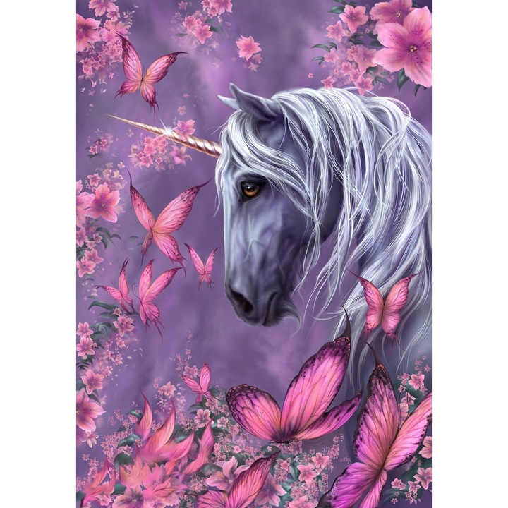 Tablou GM141 Unicorn printre fluturi, Pictura cu Diamante, Goblen cu pietre 5D, cu rama de lemn, 40 x 50 cm