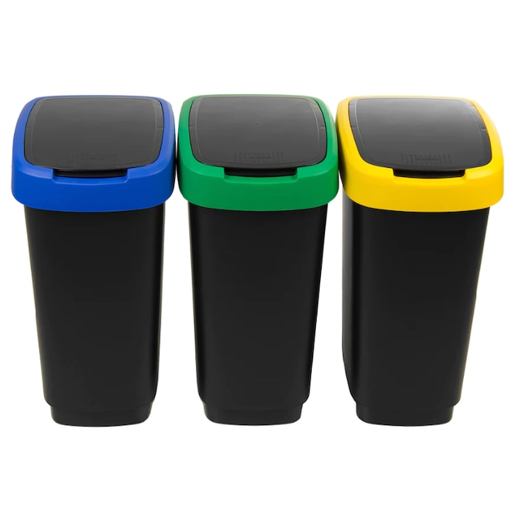 Rotho Twist műanyag szelektív hulladék tároló szett, 3 darab 25 literes tároló, kék, zöld, sárga színben
