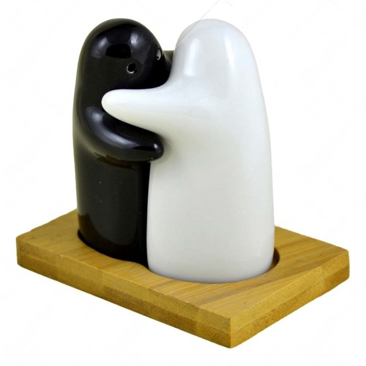 Set solnite Sare si Piper din Ceramica cu Suport din Bambus