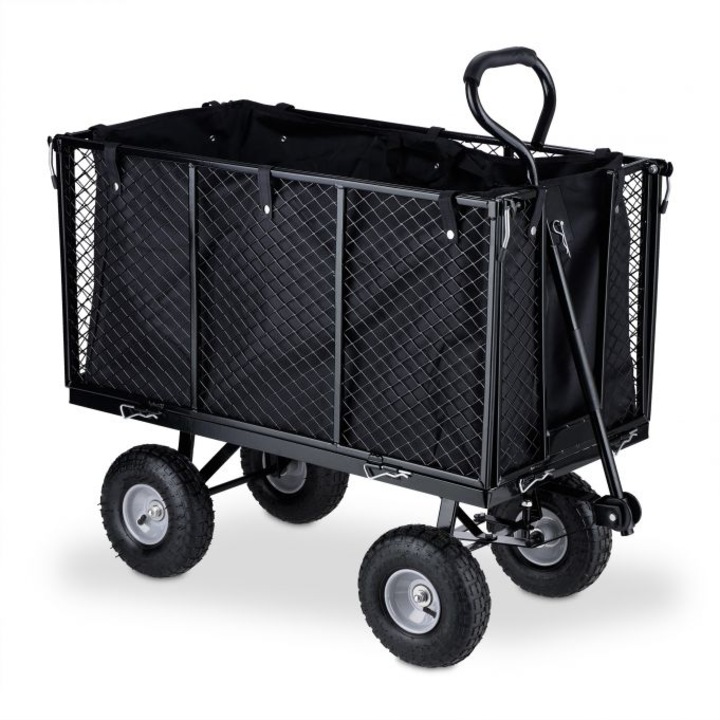 Carucior pentru transport Relaxdays, negru, cu husa, roti gri, 83 x 51 x 110 cm, sarcina maxim 500 kg