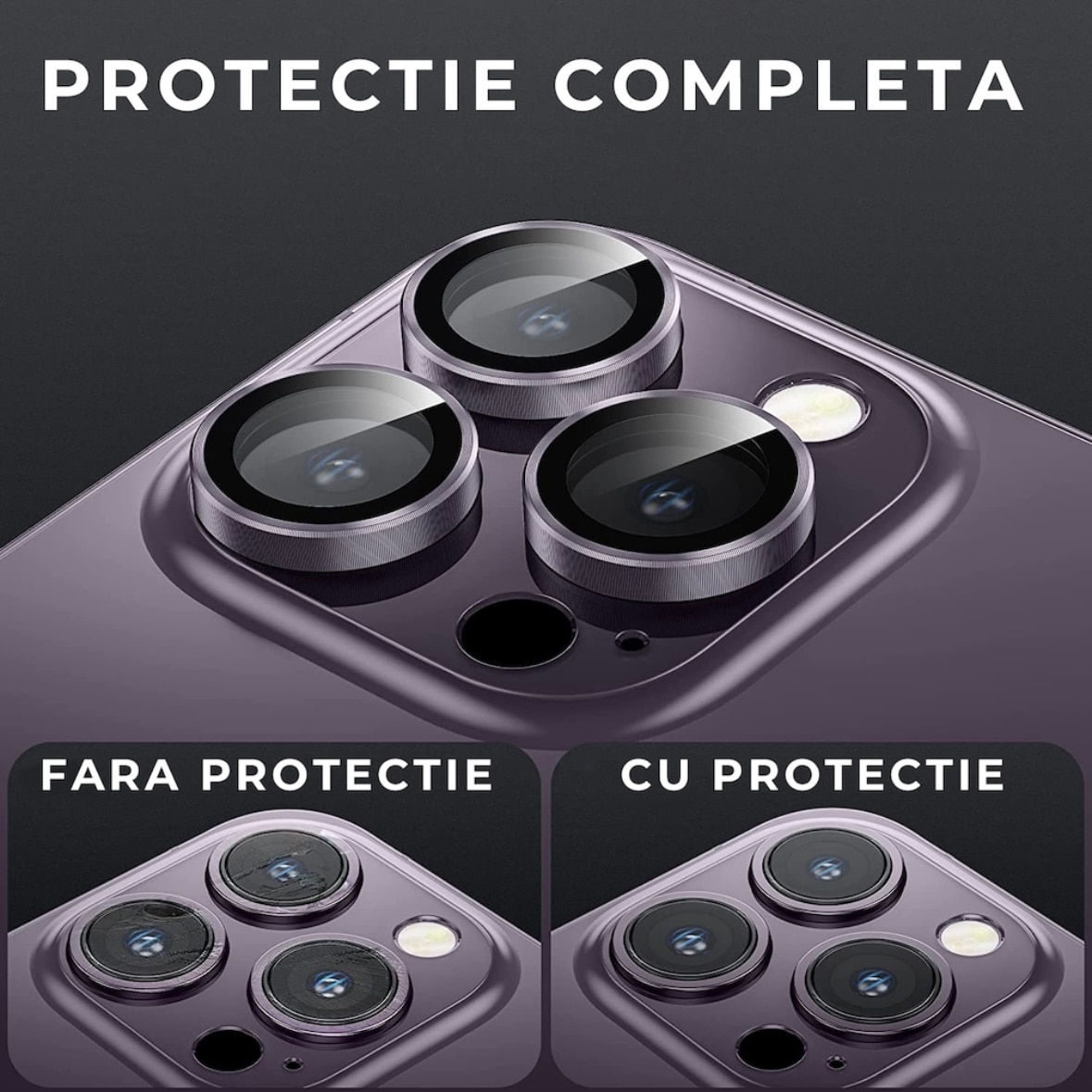 Set Lentile de Protectie pentru Camera Foto compatibile cu Apple Iphone 14 Pro/14 Pro Max, Sticla Securizata 9H, Easy Application, Mov