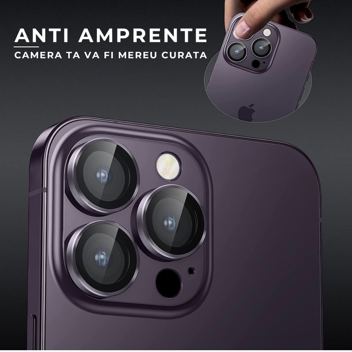 Set Lentile de Protectie pentru Camera Foto compatibile cu Apple Iphone 14 Pro/14 Pro Max, Sticla Securizata 9H, Easy Application, Mov