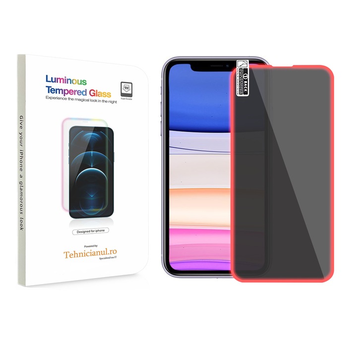 Folie Sticla Tehnicianul® pentru iPhone 11 - Full screen, Stralucire Nocturna, Protectie Premium 9H, AntiShock, Efect Fosforescent, Silicon Rosu