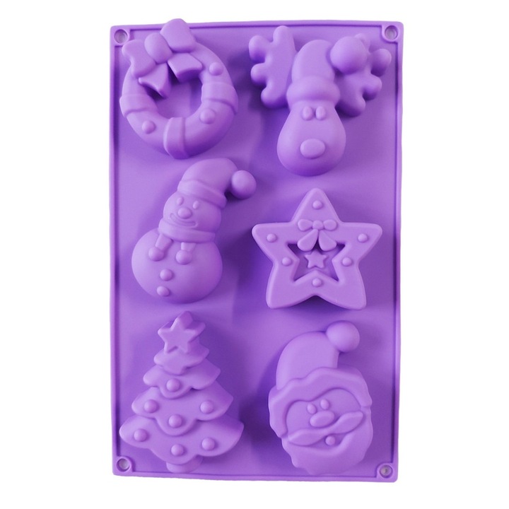Forma silicon pentru prajituri, Tema Craciun, 6 cavitati, Mov, 27 cm, 480COF