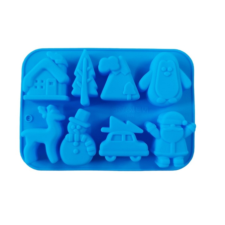 Forma silicon pentru prajituri, Tema Craciun, 8 cavitati, Albastru, 20 cm, 482COF