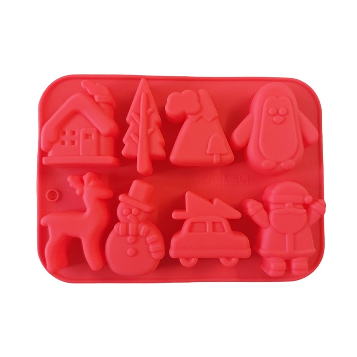 Силиконова форма за торти, Коледна тема, 8 вдлъбнатини, Червена, 20 см, 483COF