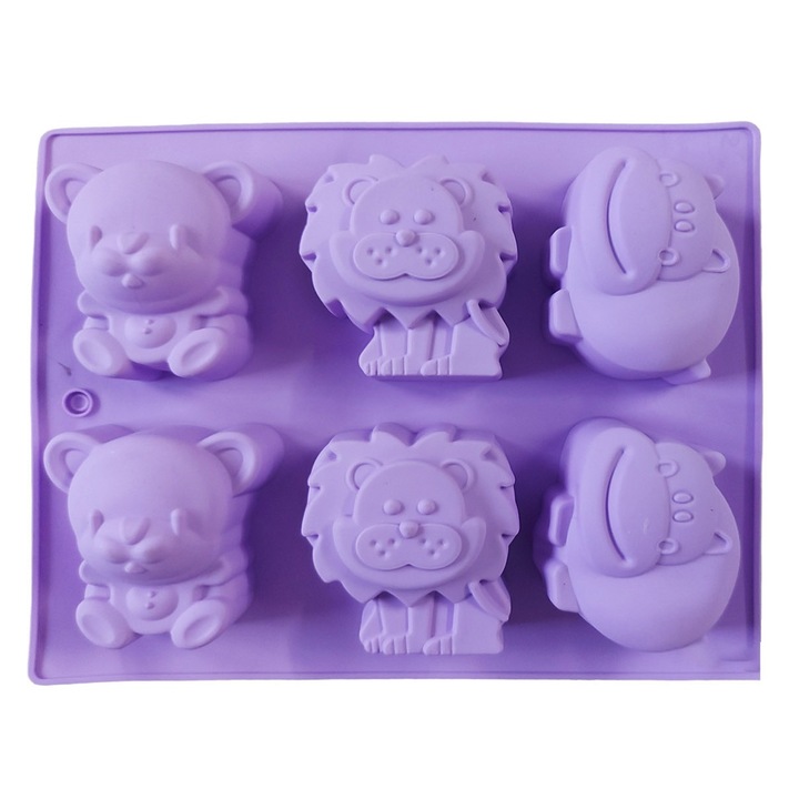 Forma silicon pentru prajituri cu Animale, Urs, Leu, Hipopotam, 6 cavitati, Mov, 24 cm, 490COF