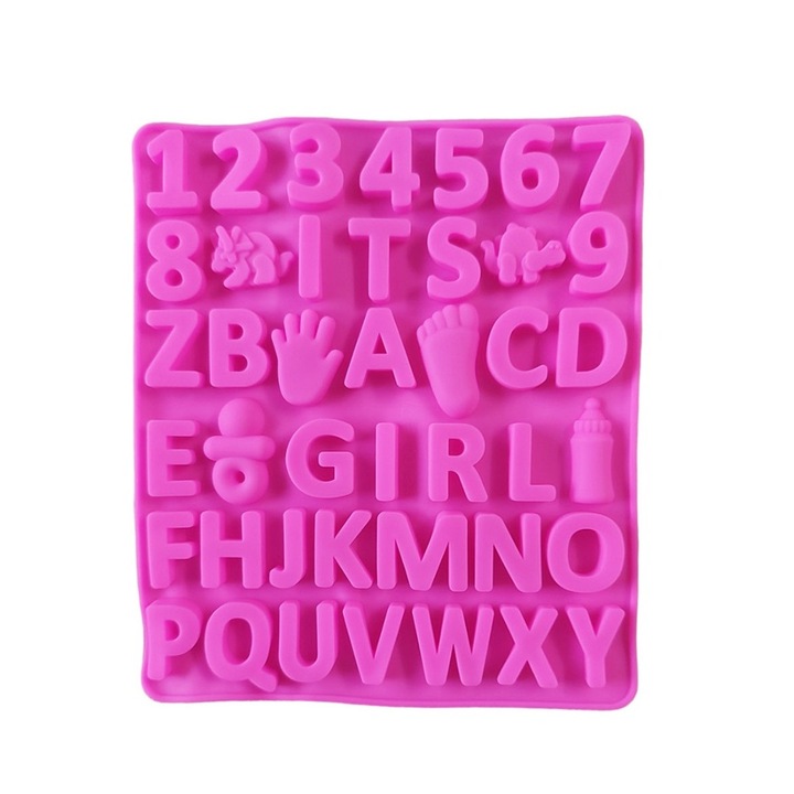 Forma silicon cu Cifre, Litere, Piciorus, Manuta, Biberon, Dinozaur, Suzeta, Roz, 21 cm, 493COF