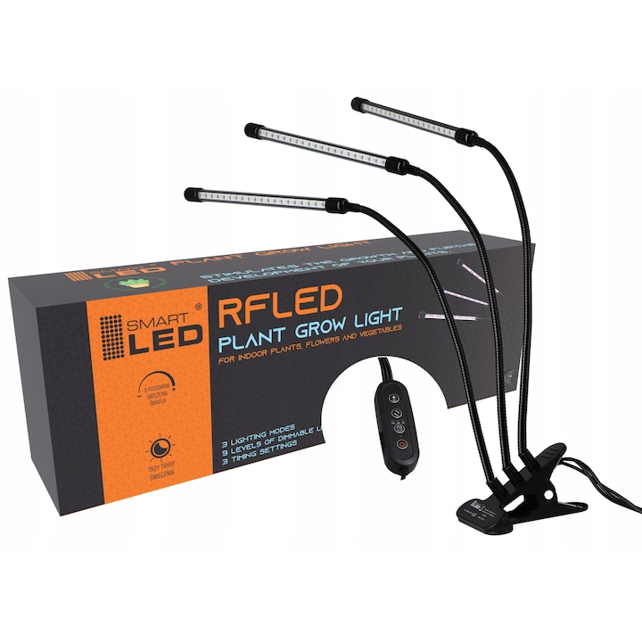 Lampa LED pentru cresterea plantelor cu temporizator si USB, cu cleme pentru fixare pe birou si controler pe cablu, trei capete flexibile