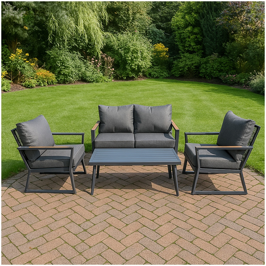 Set mobilier Kring Nitta 2x fotoliu 72x82x80cm, canapea 2 locuri 134x82x80cm, masa cafea 108x52x42 cm, cadru aluminiu, incluse perne 10 cm