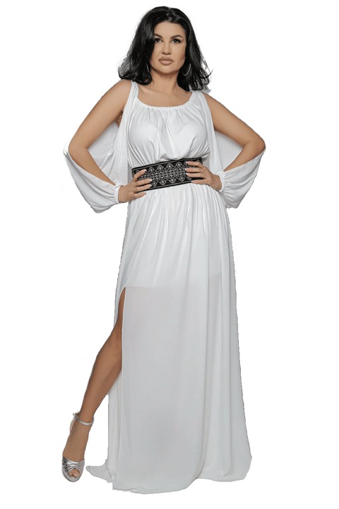 Дълга универсална воал рокля с етно колан, цепка на крака, Бял