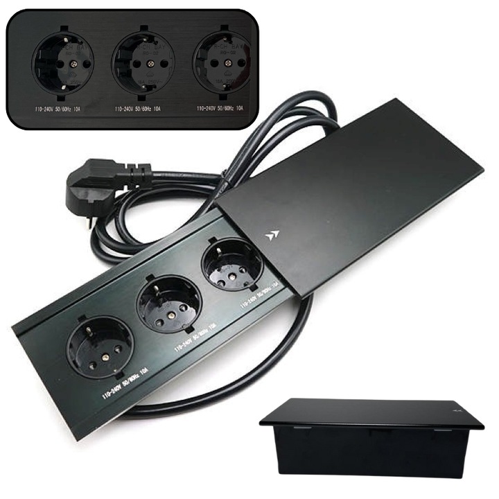 Priza tripla incorporabila in blat, MOGODA, Birou sau Bucatarie, 3 prize Shucko, Cablu 1,8m, Capac, Incastrabila in pal, 10A, 240V-2400W, Doza, Neagra