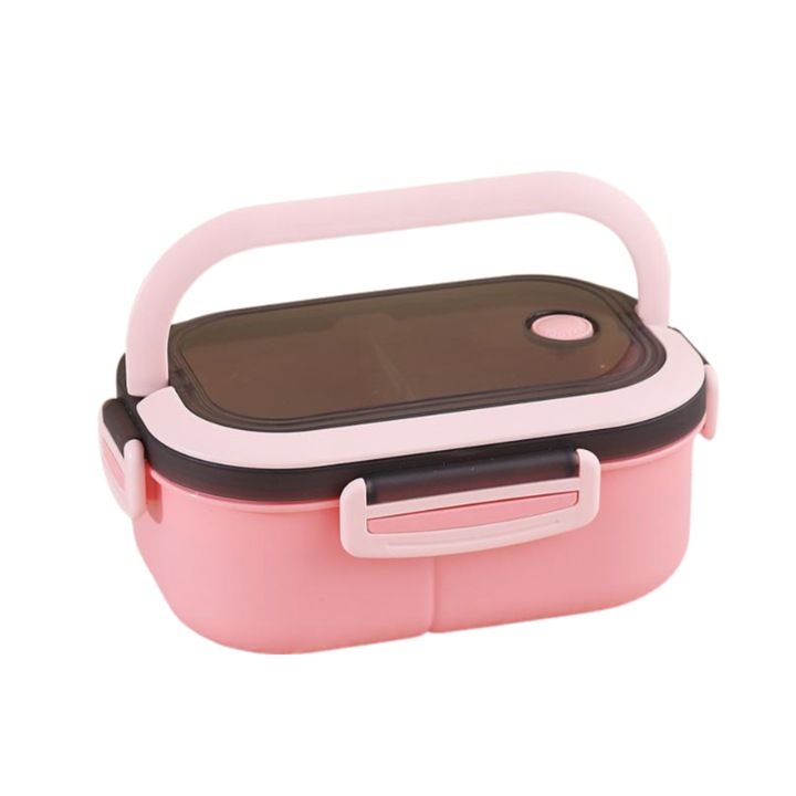 Cutie alimentara pentru pranz cu maner si orificiu pentru vid, Bento box, cu 2 compartimente supraetajate si tacamuri, 1.2l capacitate, roz