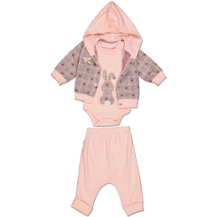 Compleu 3 piese, fete, Babyim, Iepuras si inimioare, pantaloni, hanorac, body, Somon, Bumbac si poliester, Roz somon
