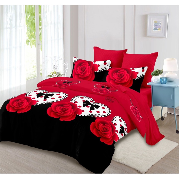 Фино дебело спално бельо, Легло за 2 човека, 6 части, Черно/Червено, щампа роза, Fresh Home76