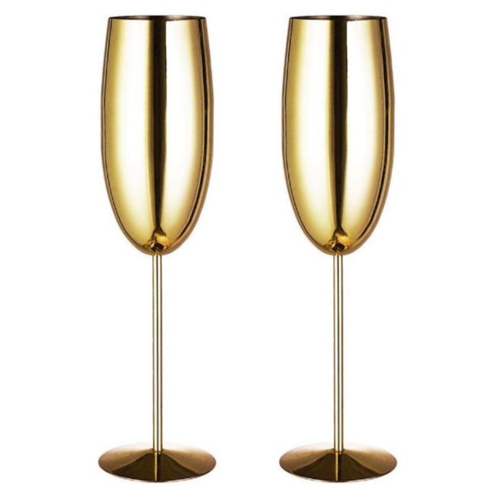 Set 2 pahare aurii pentru sampanie din inox, 250ml