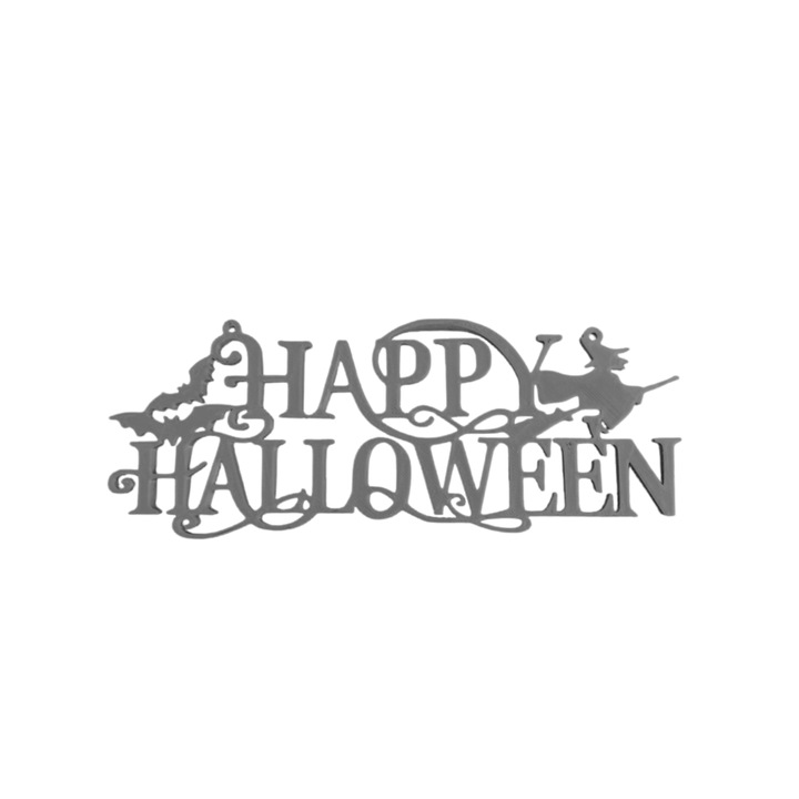 Decoratiune "HAPPY HALOWEEN WITCH AND BATS" vrajitoare si lilieci, covenul magiei 7,2 x 19 cm argintiu