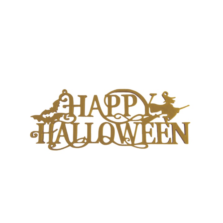 Decoratiune "HAPPY HALOWEEN WITCH AND BATS" vrajitoare si lilieci, covenul magiei 7,2 x 19 cm auriu