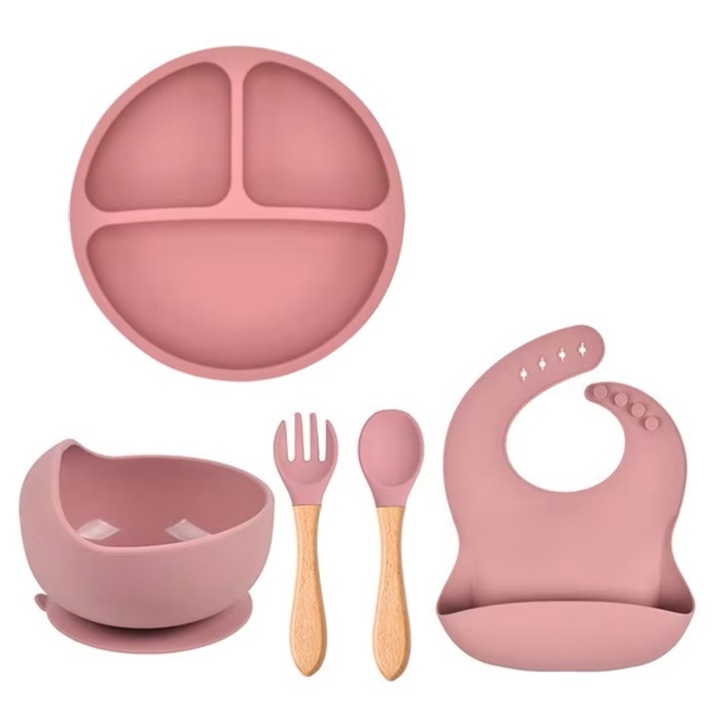 Set hranire bebelusi si copii, pentru diversificare din silicon BPA free, 6+ luni, farfurie, bol, bavetica, tacamuri, Roz, Daro®