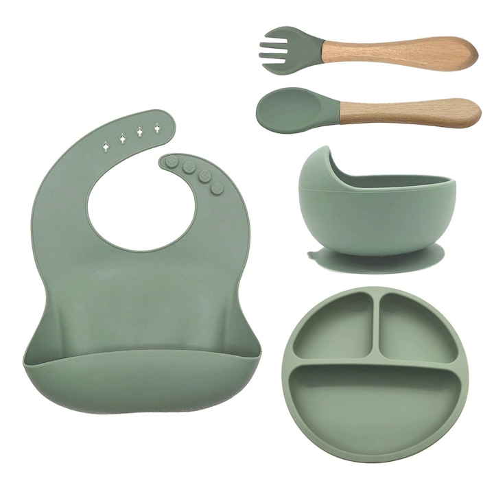 Set hranire bebelusi si copii, pentru diversificare din silicon BPA free, 6+ luni, farfurie, bol, bavetica, tacamuri, Verde, Daro®