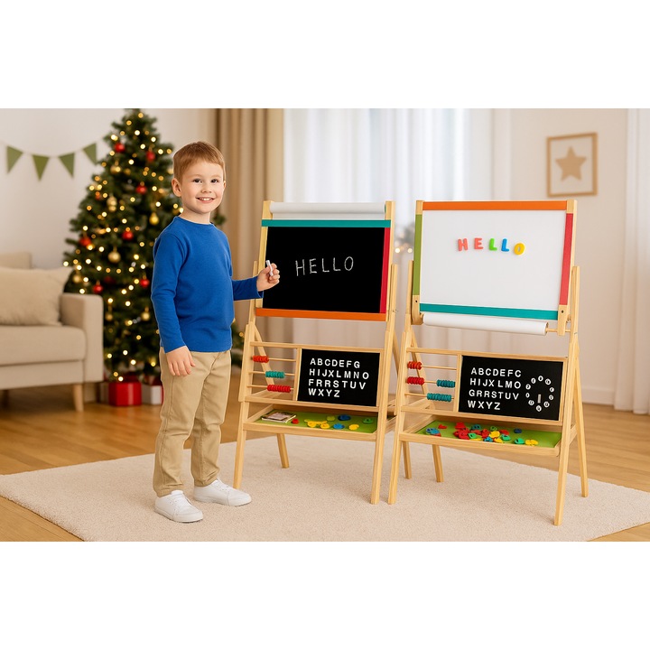 Tabla Magnetica Multifunctionala din Lemn 2 in 1 idealSTORE, Dimensiuni 64 x 50 x 96 cm, Include raft pentru depozitare accesoriilor Ceas pentru copii, Alfabet pentru invatarea literelor, Cifre Magnetice, Numaratoare, Creta Colorata, Marker, Hartie