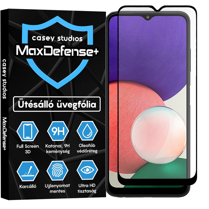 Samsung Galaxy A22 4G / M22 üvegfólia Casey Studios teljes képernyős 9H + ajándék szerelőkészlet