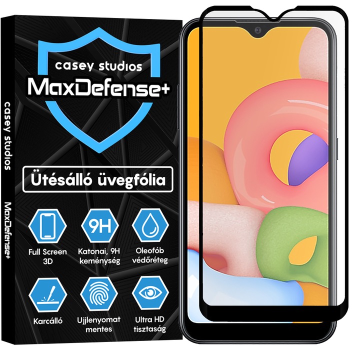 Samsung Galaxy A01 üvegfólia Casey Studios teljes képernyős 9H + ajándék szerelőkészlet