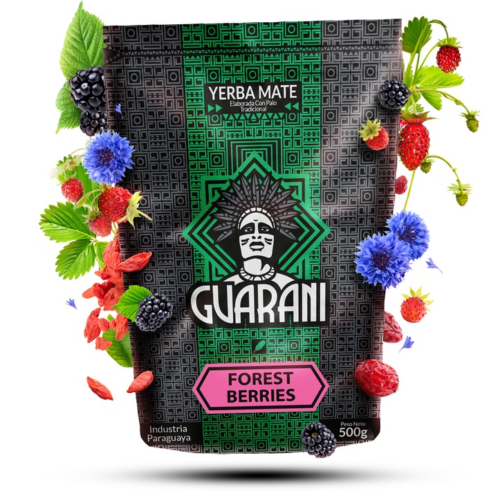 Yerba Mate Tea, Guarani, Forest Berries, Doboz, Paraguayi Füstölt, Energizáló Tartalmaz port és ágacskákat, Tökéletes Melegen és Hidegen Fogyasztva, 500g