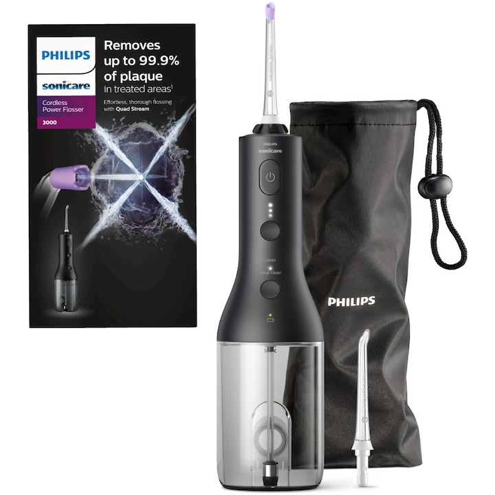 Зъбен душ Philips Sonicare Power Flosser HX3826/33, Технология QuadStream, 2 почистващи глави, 2 режима на почистване, 3 нива на интензивност, Капак, Черен