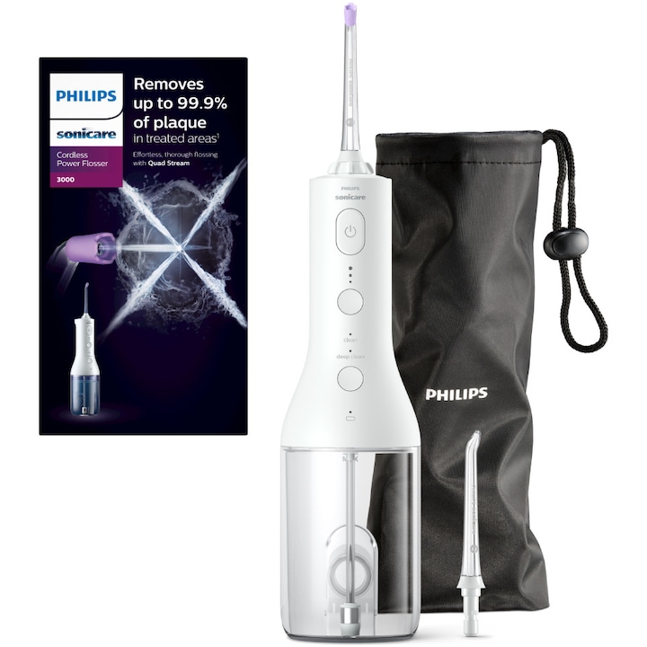 Зъбен душ Philips Sonicare Power Flosser HX3826/31, Технология QuadStream, 2 почистващи глави, 2 режима на почистване, 3 нива на интензивност, Капак, Бял