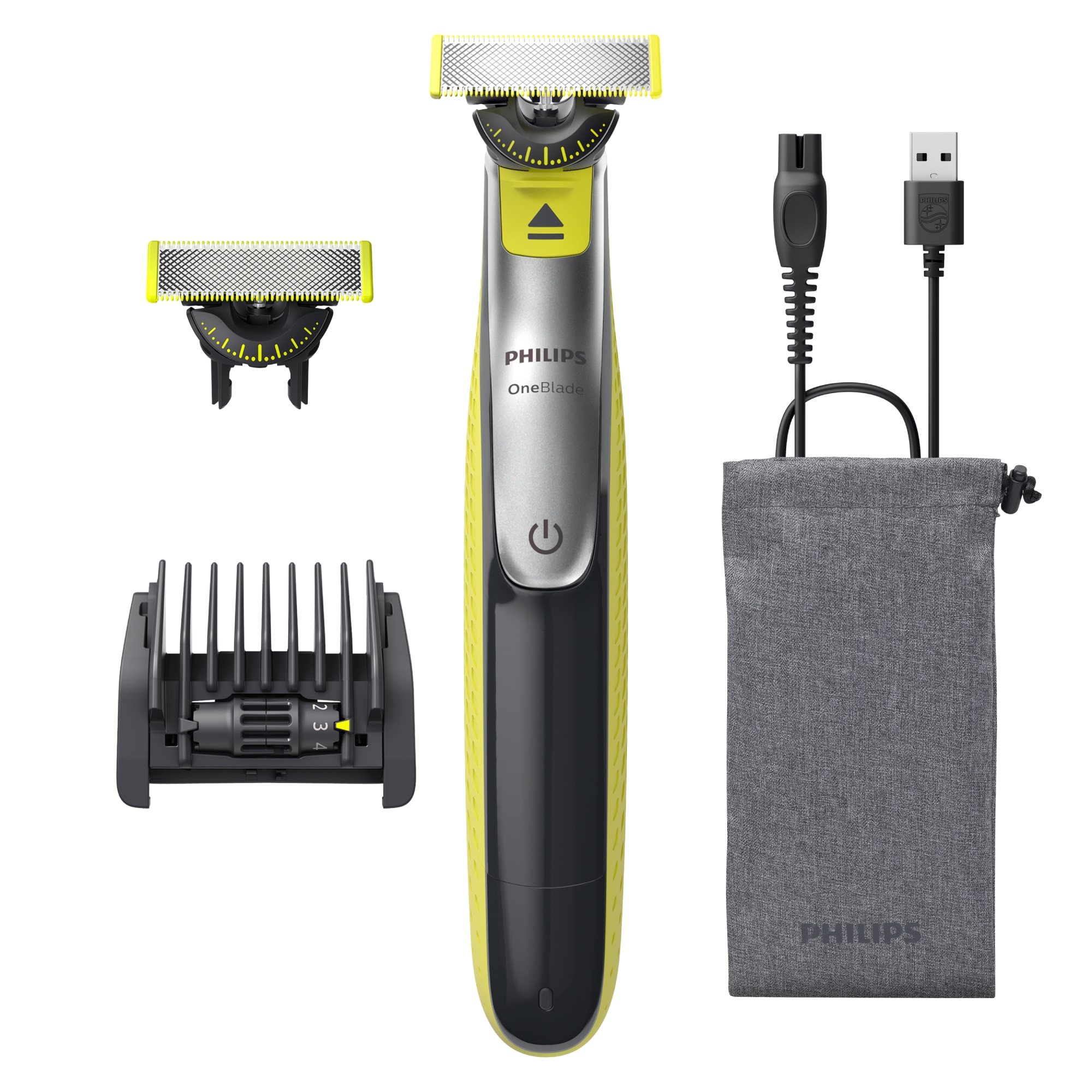 Aparat hibrid de barbierit si tuns barba PHILIPS OneBlade 360 QP2734/31, pieptene reglabil 5 in 1, reincarcabil, umed si uscat, 60 min, USB-A, husa, capac de protectie, lama 360 in