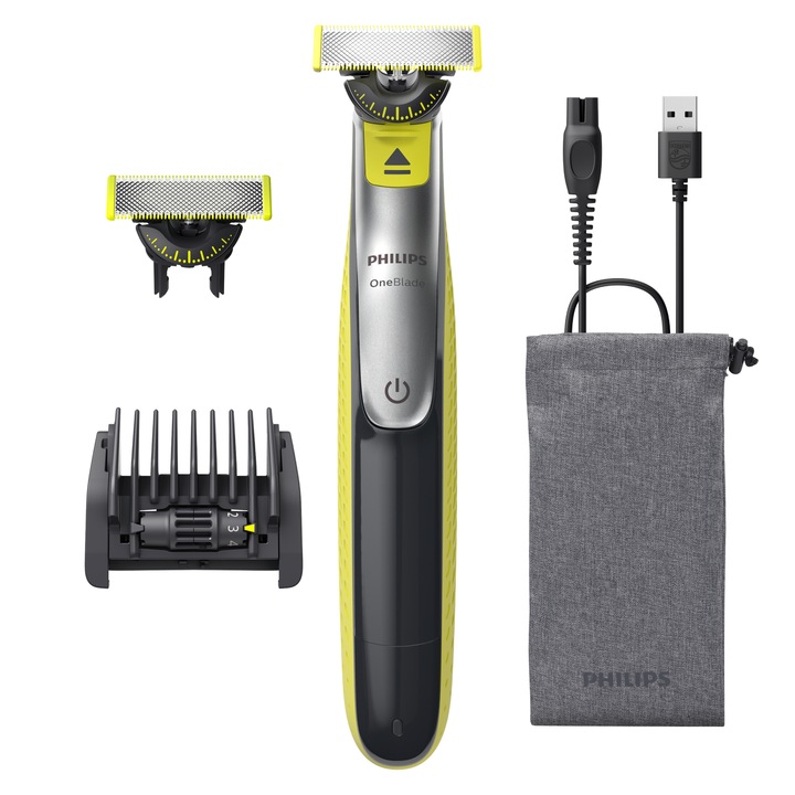Хибридна самобръсначка и тример за брада Philips OneBlade 360 QP2734/31, Регулируем гребен 5 в 1, Акумулаторна, За мокро и сухо, 60 мин., USB-A, Капак, Защитно покритие, Допълнително сменяемо 360 острие, Lime green