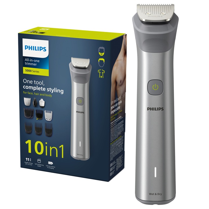 Тример за брада и коса 10 in 1 Philips Multigroom All in One MG5920/15, Технология BeardSense, Самонаточващи се стоманени остриета, 11 настройки за дължина, Водоустойчив, Калъф, Черен/Сребрист